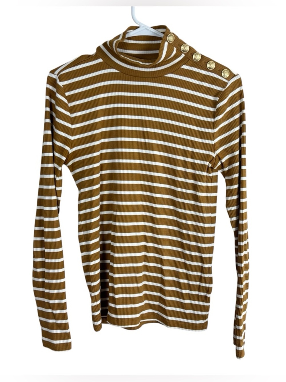 J.Crew Vintage Rib Turtleneck Size S Cape Stripe Brandy Ivory Gold Buttons BT676